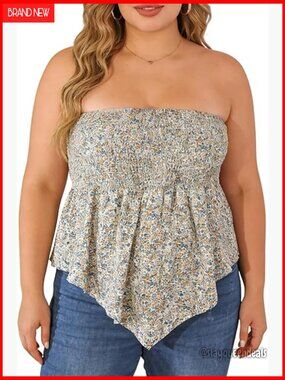 Plus Size Strapless Ruffle Floral Tube Top Smocked Peplum Bandeau Tank
